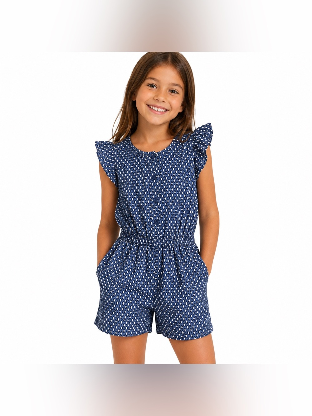 Gymboree Girls Size 8 Navy Geometric Flutter Sleeve Romper Pockets